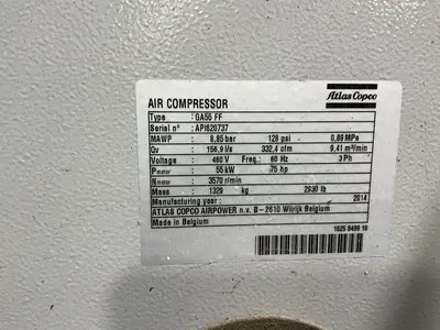 Used 2014 ATLAS COPCO GA55 FF Rotary Screw & Sliding Vane Air Compressors Ohio US | HGR 24 #1516989