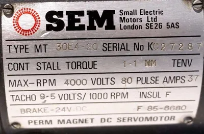 USED SEM MT-30E4-20 DC PERM MAGNET SERVOMOTOR 4000 RPM, 80 VOLT, MT30E420