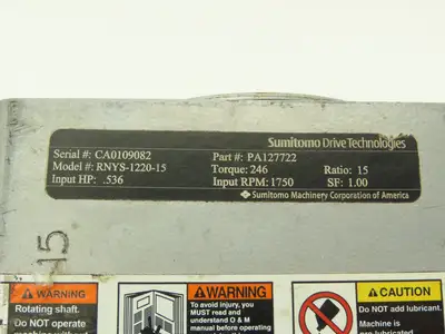Sumitomo RNYS-1220-15 Servo Gearbox 15:1 Reducer 0.5Hp 116rpm Hollow Shaft
