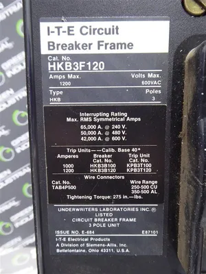 ITE HKB3F120 Circuit Breaker 1200A Frame 1000A Trip 600V 3 Pole Used