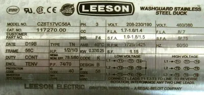 NEW LEESON 117270.00 WASHDOWN MOTOR 1/21/3HP 1725/1425RPM 5/8" DIA. CZ6T17VC56A