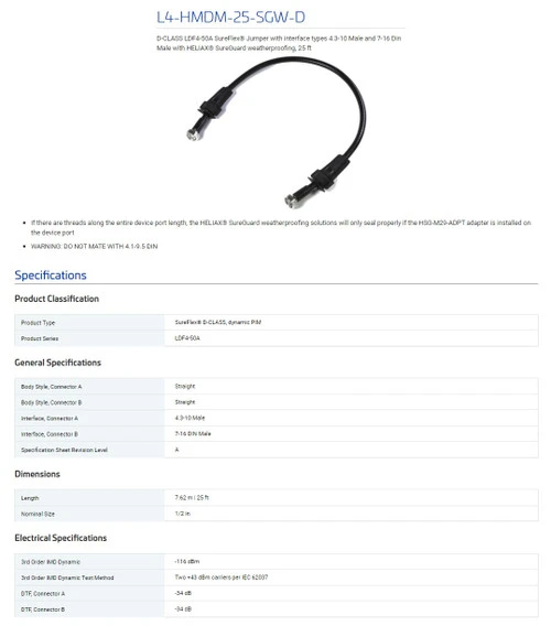 CommScope L4-HMDM-25-SGW-D D-CLASS LDF4-50A Jumper 4.3-10 Male 7-16 Din, 25 ft [New]