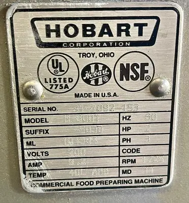 Used 2009 HOBART H-600T Planetary Mixers Ohio US | Palm Beach Restaurant Equipment, LLC #1421258