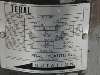 Teral LSW 25TR0.4-280 Immersion Coolant Pump .4kW 220V 3PH 30-150 L/min