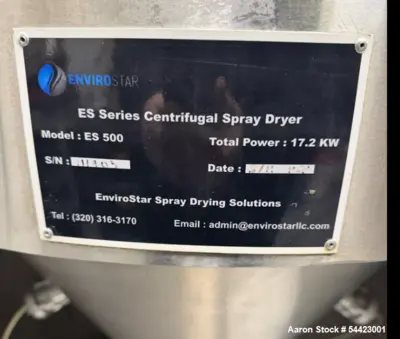 Used EnviroStar ES 500 Centrifugal Spray Dryer – Stainless Steel, PLC Controlled
