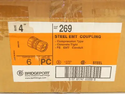 Bridgeport 269 EMT Conduit Coupling 4" Steel Compression Lot of 6