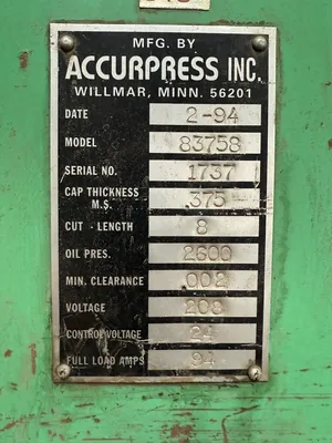 1994 ACCURSHEAR 83758 SHEARS, POWER SQUARING (Inches) | Machinery Network (2)