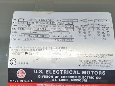 NEW U.S. Motors P63CTB-2929
