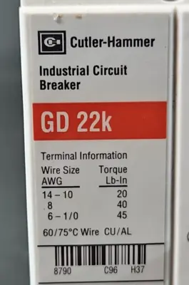 Eaton GD22k Circuit Breaker 480VAC 125/250 VDC (BIN332)