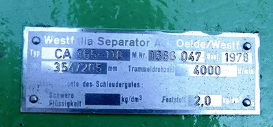 Westfalia CA 365-110 decanter centrifuge, 316SS.