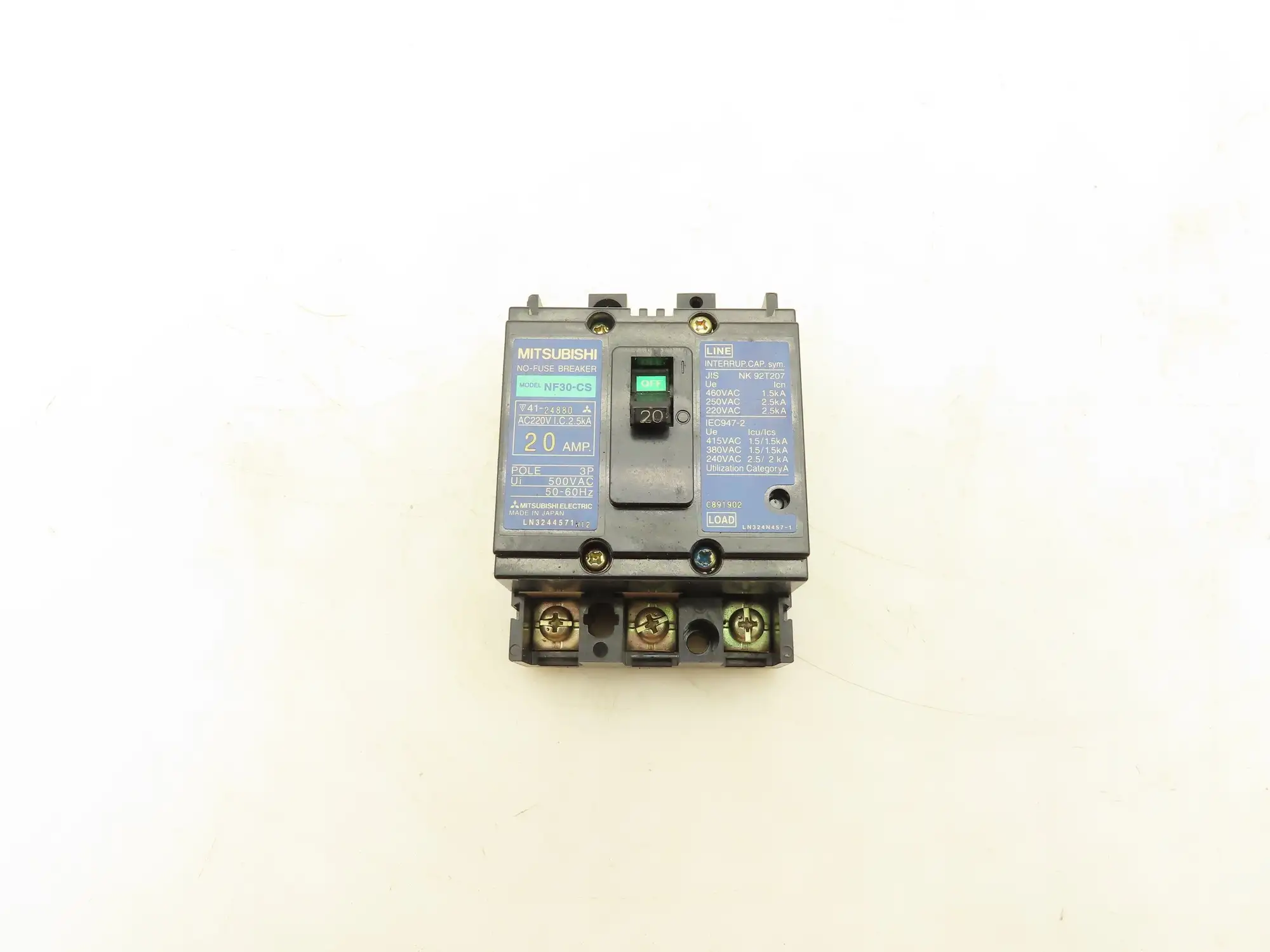 Mitsubishi NF30-CS No Fuse Breaker 20A 500VAC 3 Pole 2.5KA