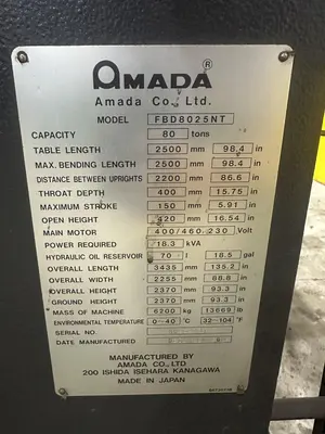 USED AMADA FBD8025NT