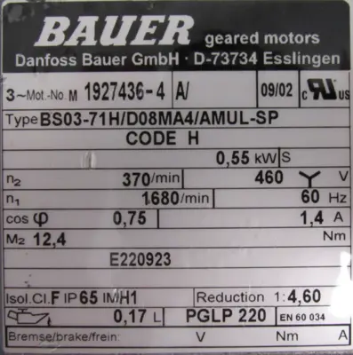 NEW BAUER BS03-71H/D08MA4/AMUL-SP GEARMOTOR BS0371HD08MA4AMULSP 1927436-4