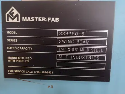 8' x 1/4" MASTER-FAB MODEL #SSB250-8 HYDRAULIC SHEAR: STOCK #18407