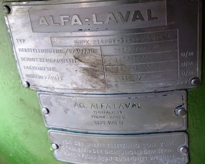 Alfa-Laval BRPX 214 HGV-34-22 clarifier centrifuge, 316SS.
