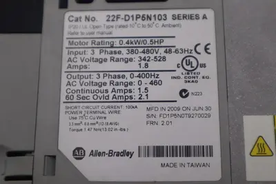 Allen-Bradley 22F-D1P5N103 Power Flex 4M 0.4 kW 0.5 HP AC Drive STOCK B-1382