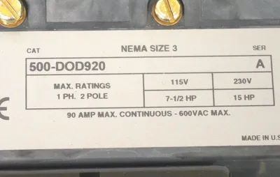 NEW ALLEN BRADLEY 500-DOD920 CONTACTOR SER. A, SIZE 3, 15HP, 500DOD920