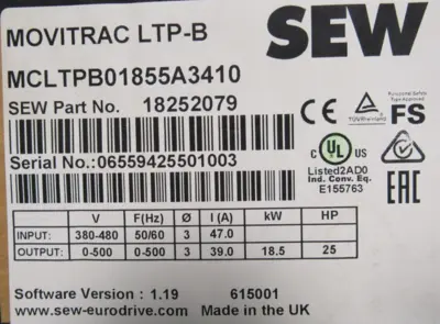 NEW SEW EURODRIVE 18252079 DRIVE 25HP MCLTPB01855A3410