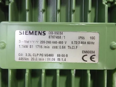 Siemens C68-M90S4 Gear Motor 220-240/440-480V 1715RPM 1.1kW Used