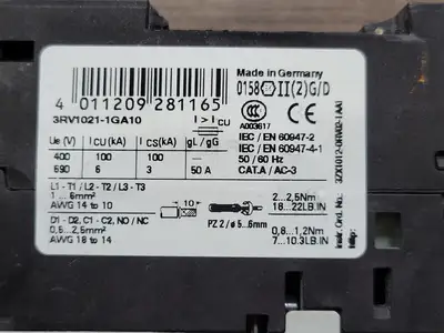 Used SIEMENS 3RV1021-1GA10 Switchgears British Columbia CA | Lenmark #242744