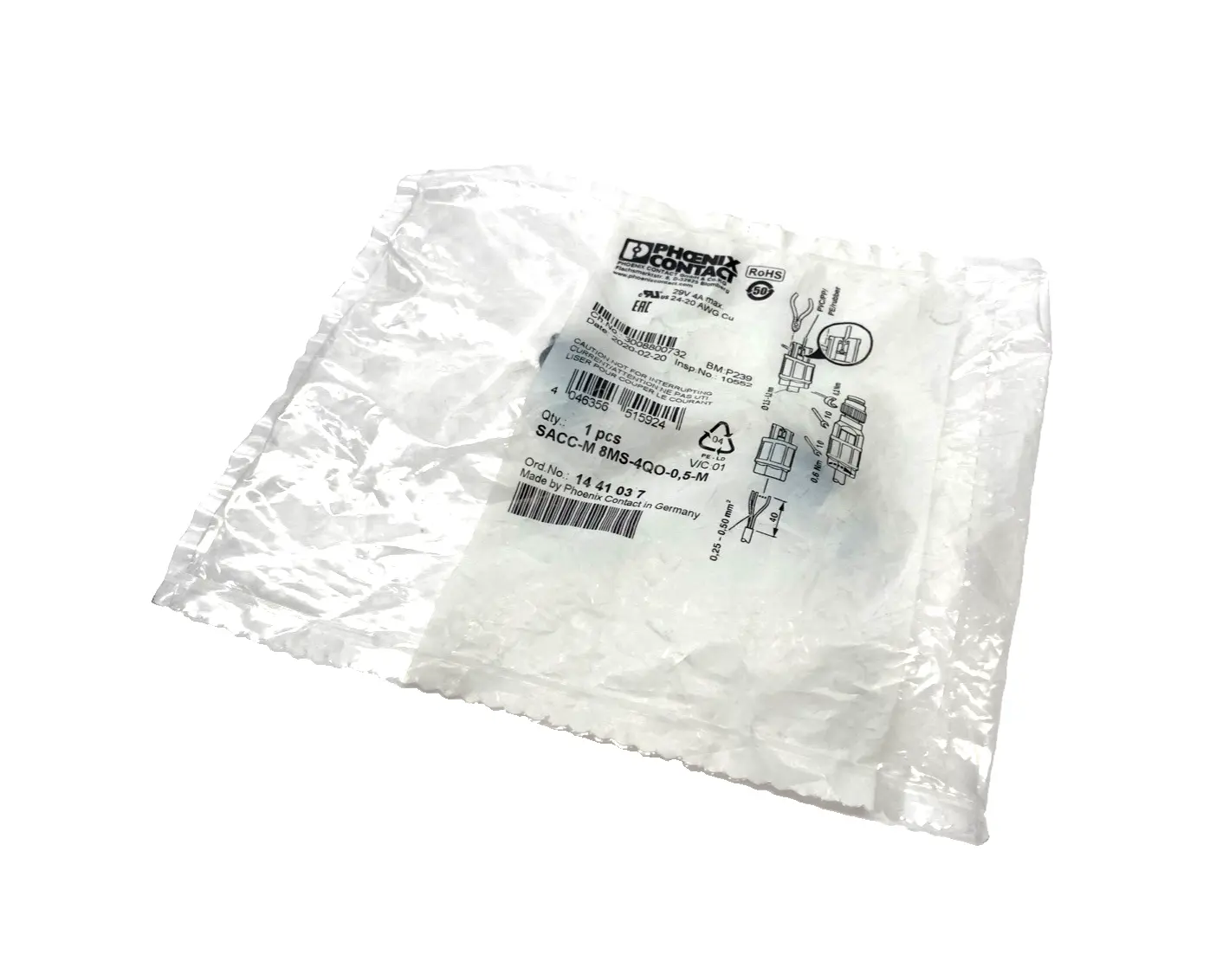 SACC-M 8MS-4QO-0,5-M,1441037 | Phoenix Contact SACC-M 8MS-4QO-0,5-M Connector M8 4-Pin Male 1441037 - New