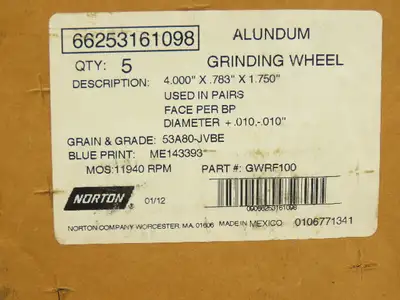 Norton 53A80-JVBE Alundum Grinding Wheel 4"x 0.783"x 1.75"  Lot of 14