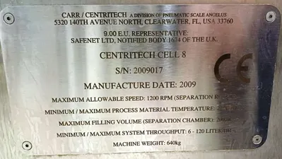 (3) Carr Centritech Cell 8 separation systems, 316L SS.