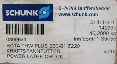 NEW SCHUNK 0800631 POWER LATHE CHUCK ROTA THW PLUS 260-81 Z220