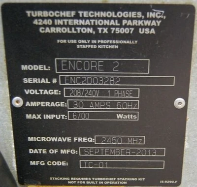142-1068 Turbochef Encore 2 High Speed Electric Rapid Cook Convection