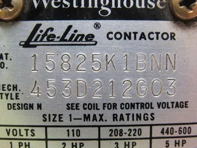 Westinghouse 15825K1BNN Vintage Life Line Contactor Size 1  2 Pole