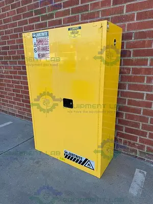 USED JUSTRITE 45 GALLON FLAMMABLE LIQUID STORAGE CABINET W/ SOFT CLOSE DOORS, KEY