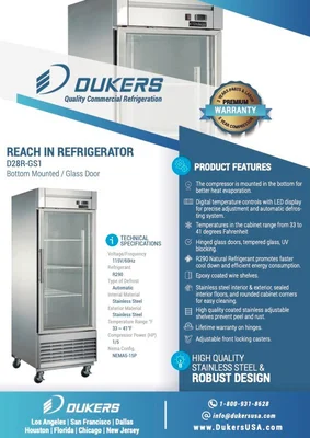 New | in-Stock Dukers New Dukers D28R-GS1 Bottom Mount Glass Single Door Commercial Reach-in Refrigerator Display Refrigerators Illinois US | Falcon Restaurant Supply #1376354
