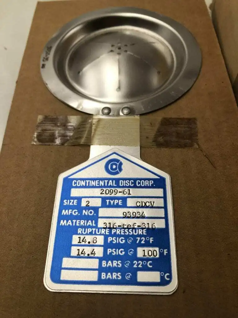 Continental Disc Corp. 93934 2″ 316SS/TEF Rupture Disc 14.8/14.4PSIG 72/100°F -NIB