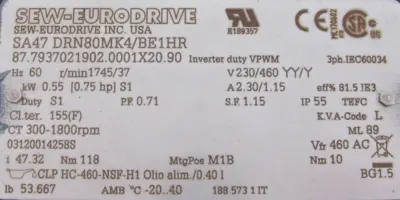 NEW SEW EURODRIVE SA47 DRN80MK4/BE1HR GEARMOTOR 47.32 230/460V SA47DRN80MK4BE1