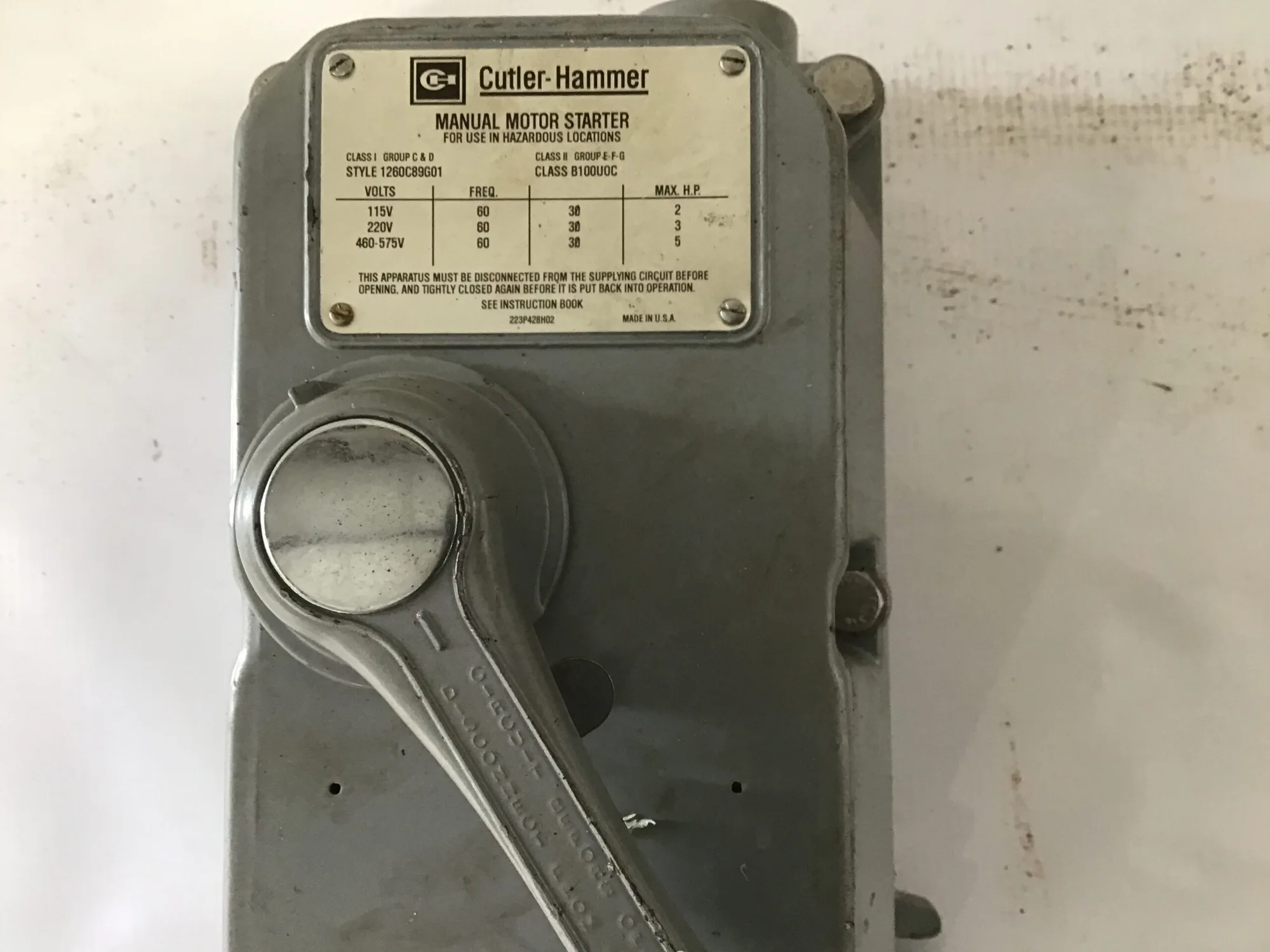 Cutler Hammer B100U0C Explosion Proof Manual Motor Starter