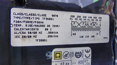 0.350 / 0.250 kVA Square D 9070 TF350D1 Industrial Control Transformer Used
