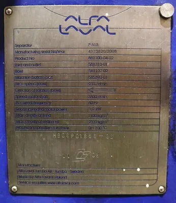 Alfa-Laval P-615 fuel/lube oil purifier, 316SS.