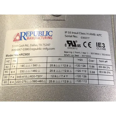 New | in-Stock REPUBLIC MANUFACTURING HRC800 Blowers West Virginia US | JM Industrial #1332434
