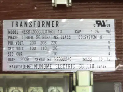 Nunome NESB1200CUL07502-10 Control Transformer 1.2kVA 1Ph Pri 220V Sec 120V