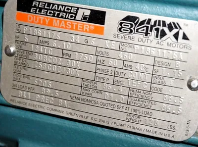 USED RELIANCE ELECTRIC P1861176-34-G6-XE MOTOR 460V 3PH 1750RPM 6.10A P1861176A