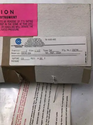 Continental Disc Corp. 232744 1-1/2″ 316SS/NI Rupture Disc 210PSIG 200°F -NIB