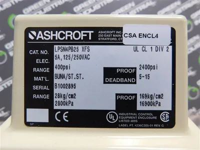 Ashcroft LPSN4PB25 XFS Pressure Switch 400 PSI 2400PSI Proof 5-15 Deadband New