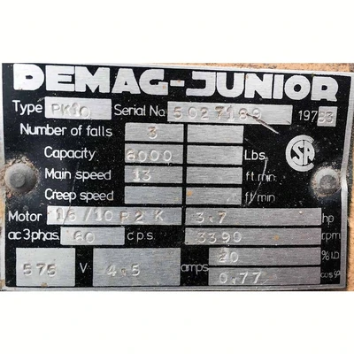 Demag 3,000 kg Overhead Electric Hoist