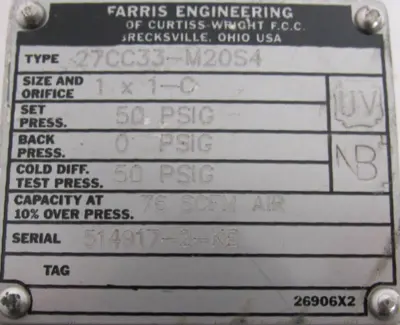 NEW FARRIS 27CC33-M20S4 RELIEF VALVE 50PSI 27CC33M20S4