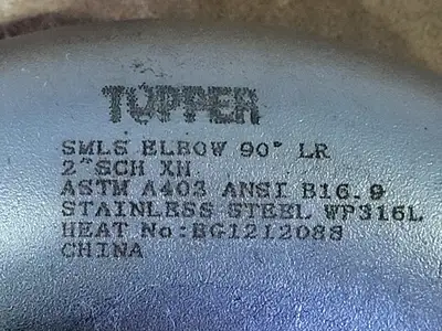 2" 90 Deg Buttweld Elbow SCH XH WP316L ASTM A403 ANSI B16.9