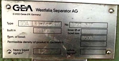 Westfalia SDA 130-76-107 nozzle centrifuge, 316SS.