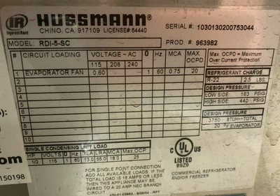 72-0231 Hussmann RDI-5-SC Refrigerated 5 Well Drop In