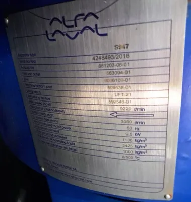 (6) Alfa-Laval S-947 heavy fuel oil purifier skids, 316SS.
