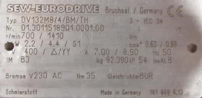 NEW SEW EURODRIVE DV132M8/4/BM/TH MOTOR DV132M84BMTH
