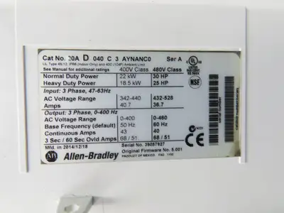 Allen Bradley 20AD040C3AYNANC0 PowerFlex 70 AC Drive 30Hp 480VAC 3Ph 40A Ser A